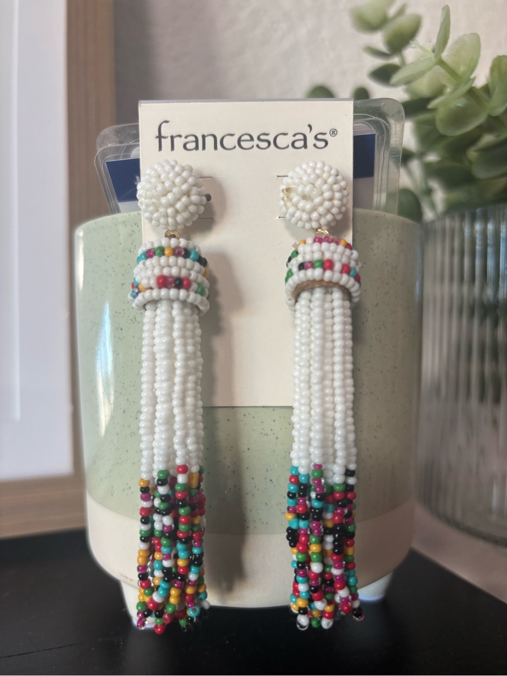 Francesca's Collections White Beaded Tassel Earrings with Multicolor Seed Beads